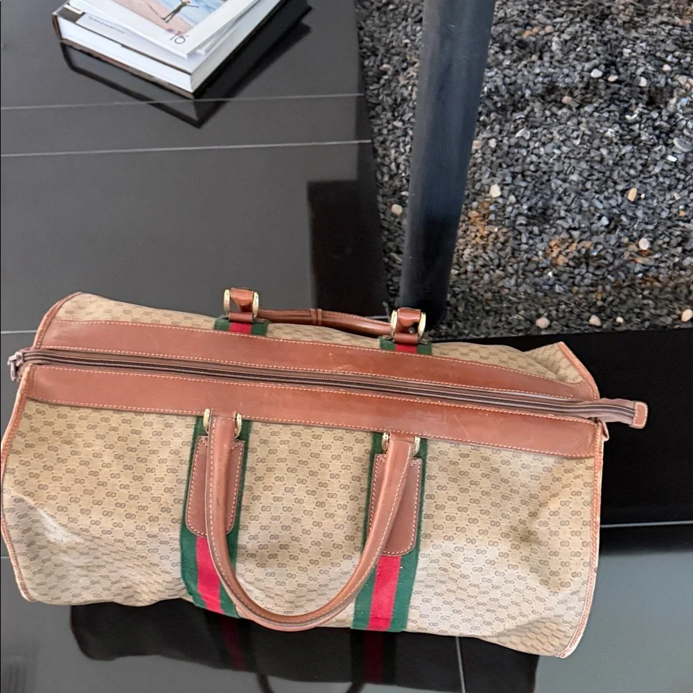 Gucci Beige Monogram Duffel with Green & Red Web Stripe. As It!